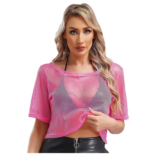 Women 80s Disco Neon Fishnet T-shirt Tops Short Sleeve Hollow Out Mesh