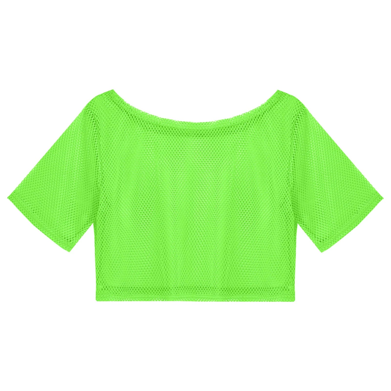 Women 80s Disco Neon Fishnet T-shirt Tops Short Sleeve Hollow Out Mesh