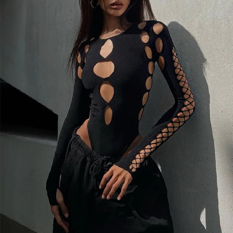 Candyhot Sexy Dot Hollow Out Bodysuit Y2K Gothic Punk Long Sleeves