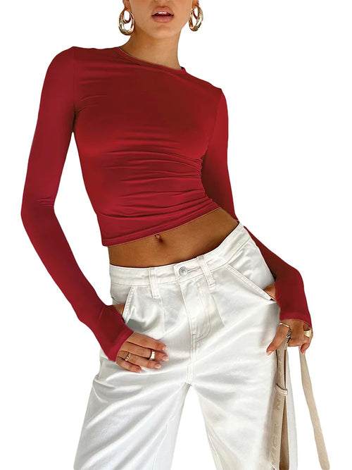 Crop Top met Lange Mouwen – Slim Fit Basic Dames T-shirt met Ronde Hals