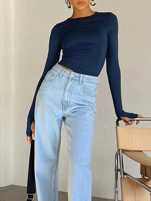 Crop Top met Lange Mouwen – Slim Fit Basic Dames T-shirt met Ronde Hals