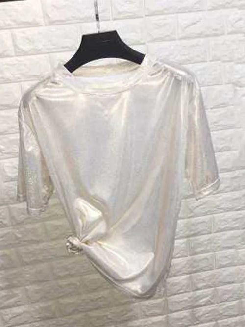 New summer retro style stylish bright silk woman tops shiny loose