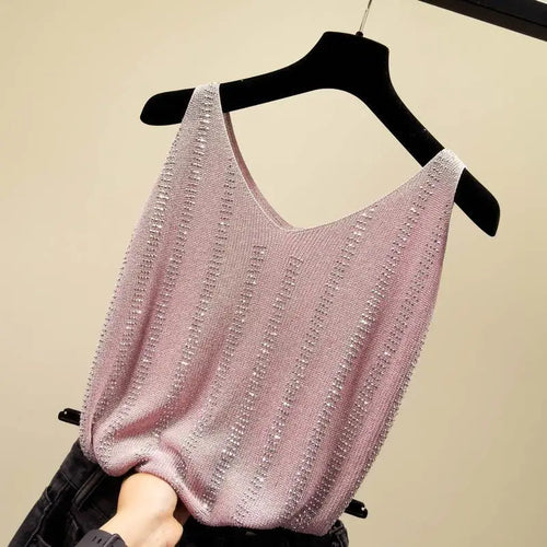 Rhinestones Tank Top Elegant Sleeveless Shiny Loose Knit Camis Corset