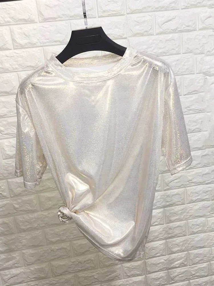 New summer retro style stylish bright silk woman tops shiny loose