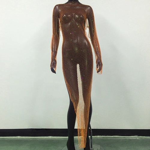 Shiny Rhinestones Grid Fishnet Dress Long Sleeve O-Neck Hollw Out Side