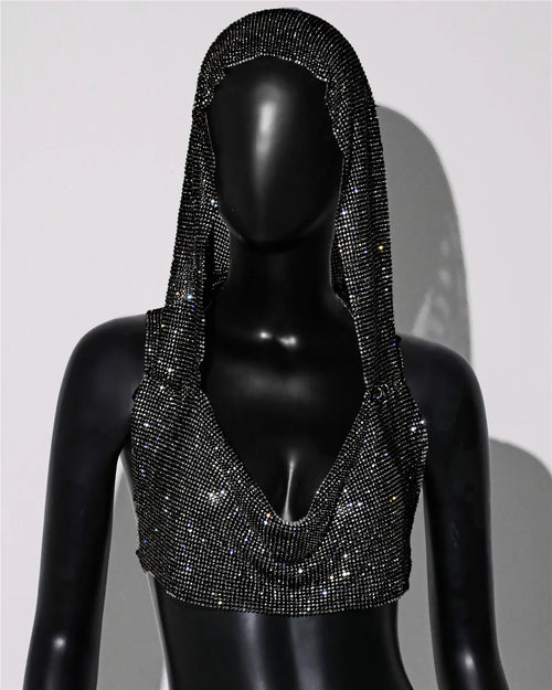 Women Sexy Mesh See Through T Shirt Shiny Rhinestone Fishnet Hollow