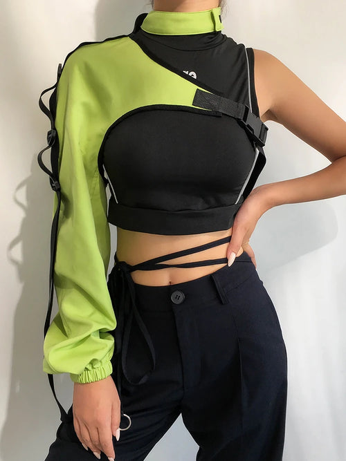 Darlingaga Streetwear Neon Halter Sweatshirt Hoodie Buckle Reflective