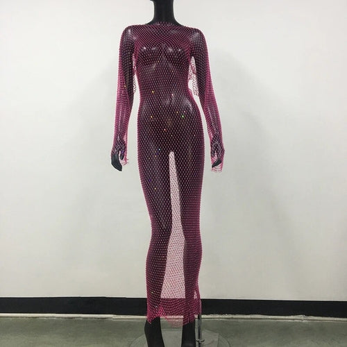 Shiny Rhinestones Grid Fishnet Dress Long Sleeve O-Neck Hollw Out Side