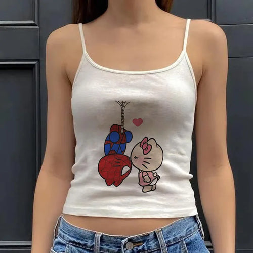2000s Tops Emo Girls Camisole Tops Hello Kitty Print Grunge Crop Tops