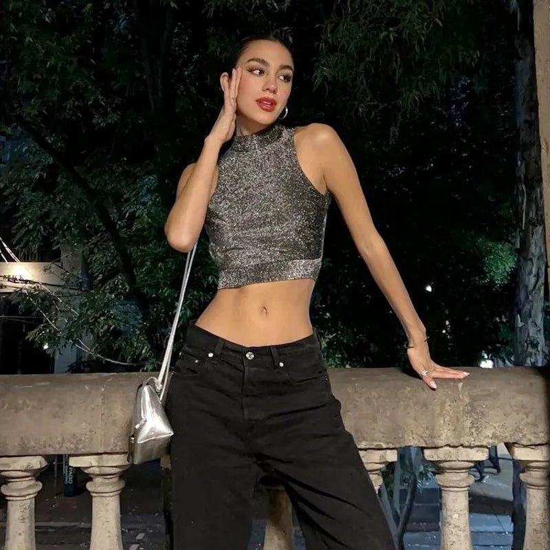 Zilveren Glitter Crop Top Dames