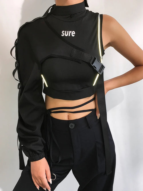 Darlingaga Streetwear Neon Halter Sweatshirt Hoodie Buckle Reflective