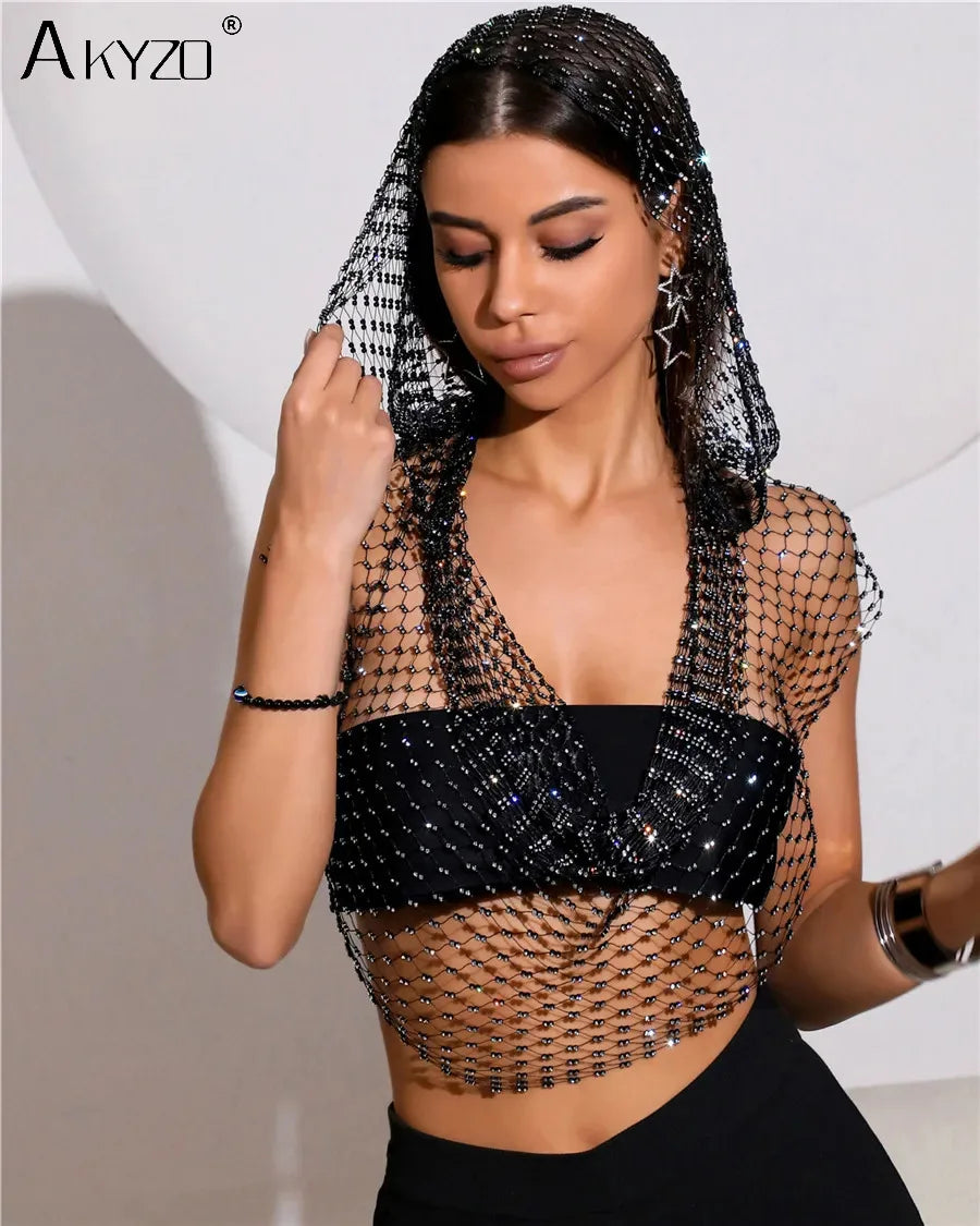 Zwarte Rhinestone Mesh Cape met Capuchon