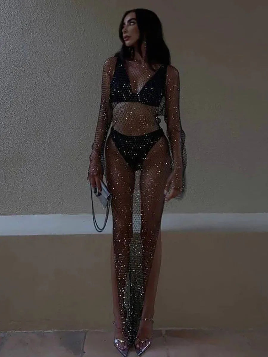 Shiny Rhinestones Grid Fishnet Dress Long Sleeve O-Neck Hollw Out Side