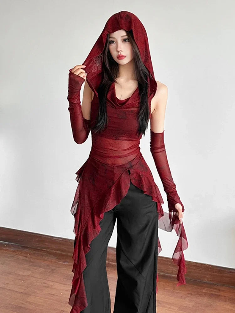 Streetwear 90s Grunge Mesh See Through Hooded Tops Cyber Y2K Irregular