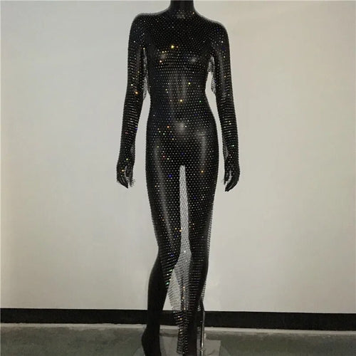 Shiny Rhinestones Grid Fishnet Dress Long Sleeve O-Neck Hollw Out Side