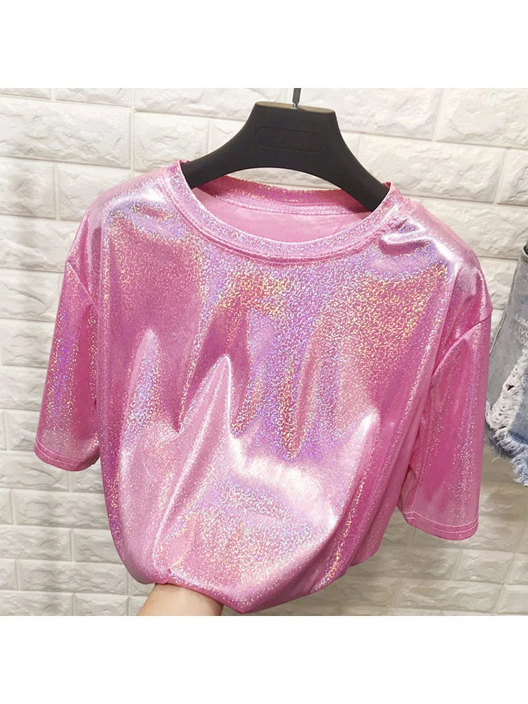 New summer retro style stylish bright silk woman tops shiny loose