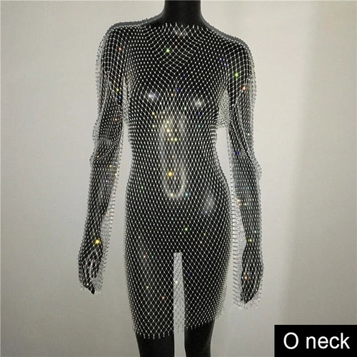 Shiny Rhinestones Grid Fishnet Dress Long Sleeve O-Neck Hollw Out Side