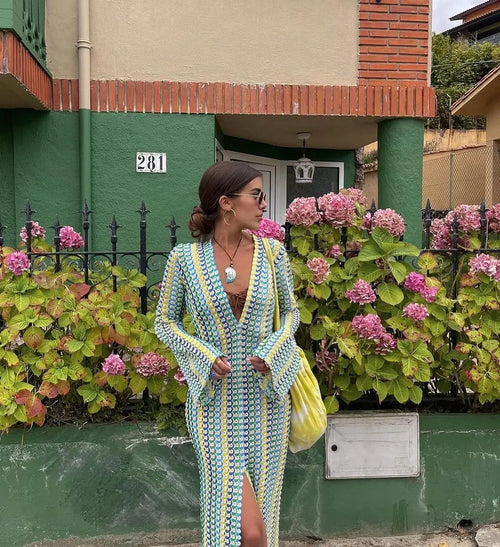 Gehaakte Maxi Jurk Dames – Boho jurk met Flare Mouwen & V-hals
