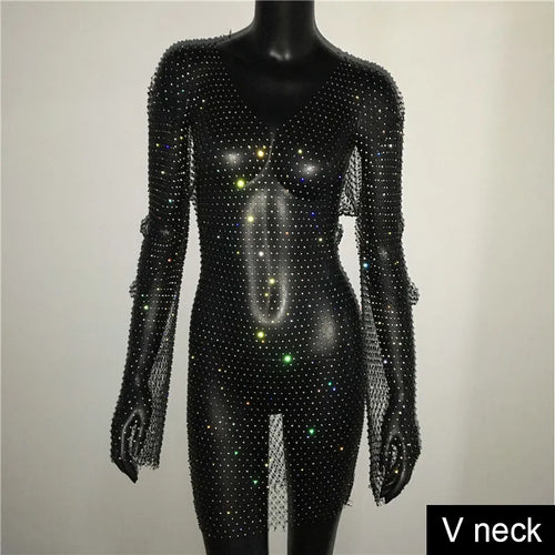 Shiny Rhinestones Grid Fishnet Dress Long Sleeve O-Neck Hollw Out Side