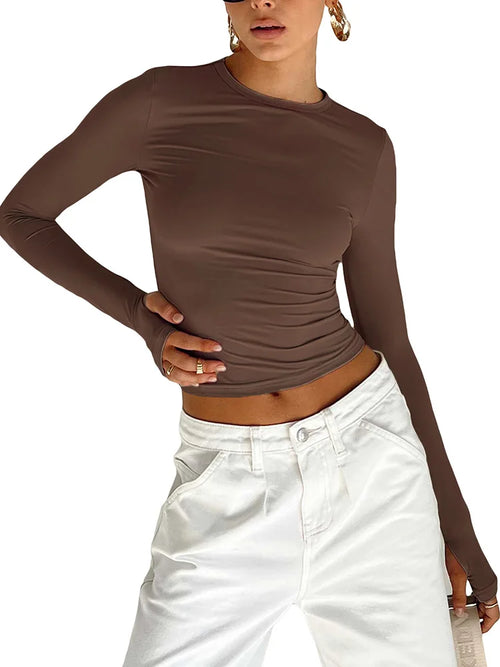 Crop Top met Lange Mouwen – Slim Fit Basic Dames T-shirt met Ronde Hals