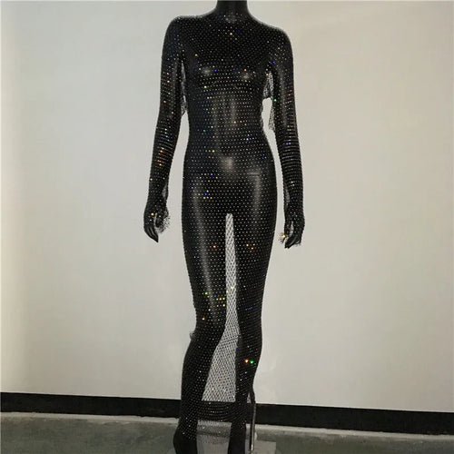 Shiny Rhinestones Grid Fishnet Dress Long Sleeve O-Neck Hollw Out Side