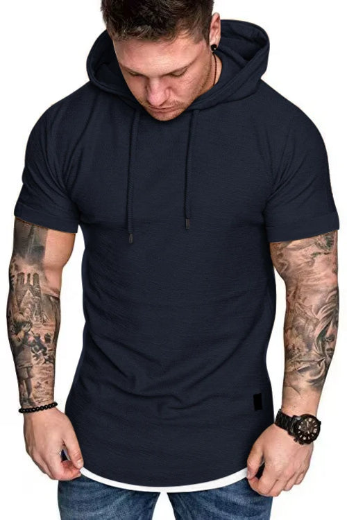 New summer hooded T-shirt men's solid color men's short sleeve T-shirt
