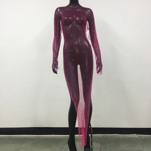 Shiny Rhinestones Grid Fishnet Dress Long Sleeve O-Neck Hollw Out Side