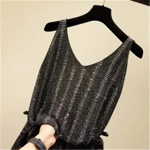Rhinestones Tank Top Elegant Sleeveless Shiny Loose Knit Camis Corset