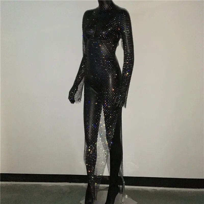 Shiny Rhinestones Grid Fishnet Dress Long Sleeve O-Neck Hollw Out Side