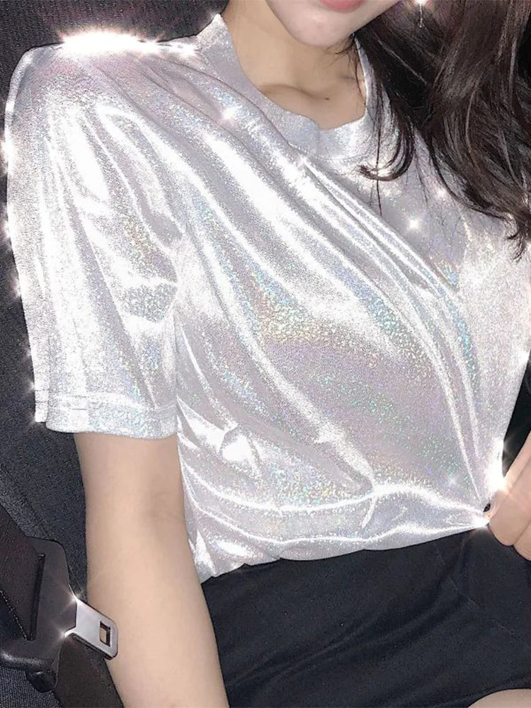 New summer retro style stylish bright silk woman tops shiny loose