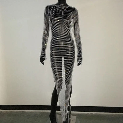 Shiny Rhinestones Grid Fishnet Dress Long Sleeve O-Neck Hollw Out Side