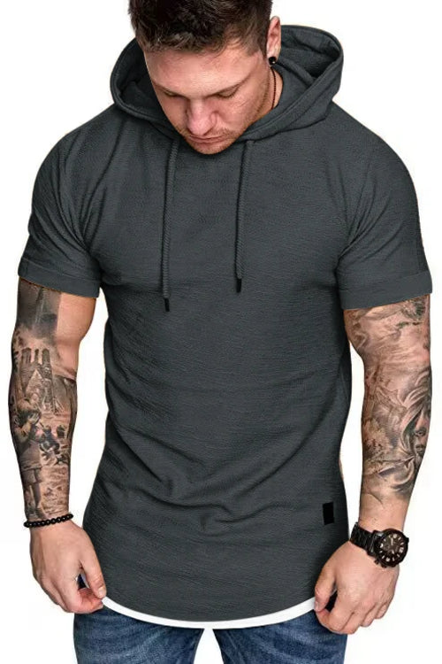 New summer hooded T-shirt men's solid color men's short sleeve T-shirt