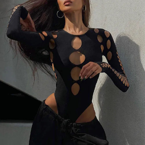 Candyhot Sexy Dot Hollow Out Bodysuit Y2K Gothic Punk Long Sleeves