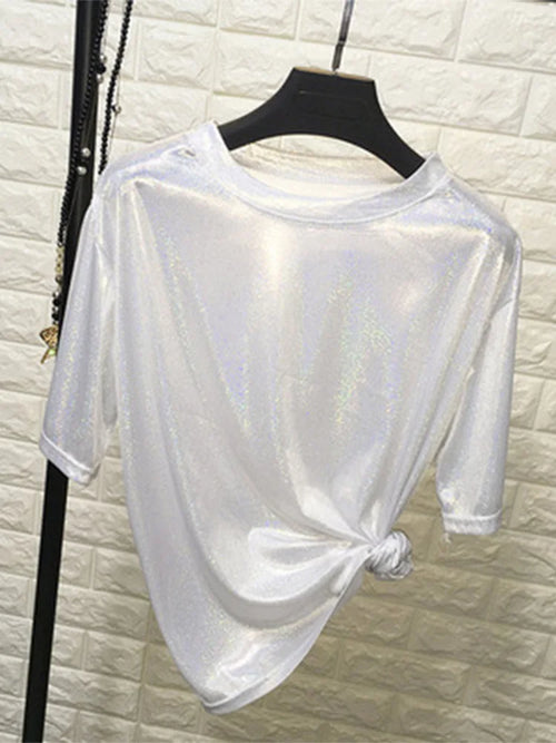 New summer retro style stylish bright silk woman tops shiny loose
