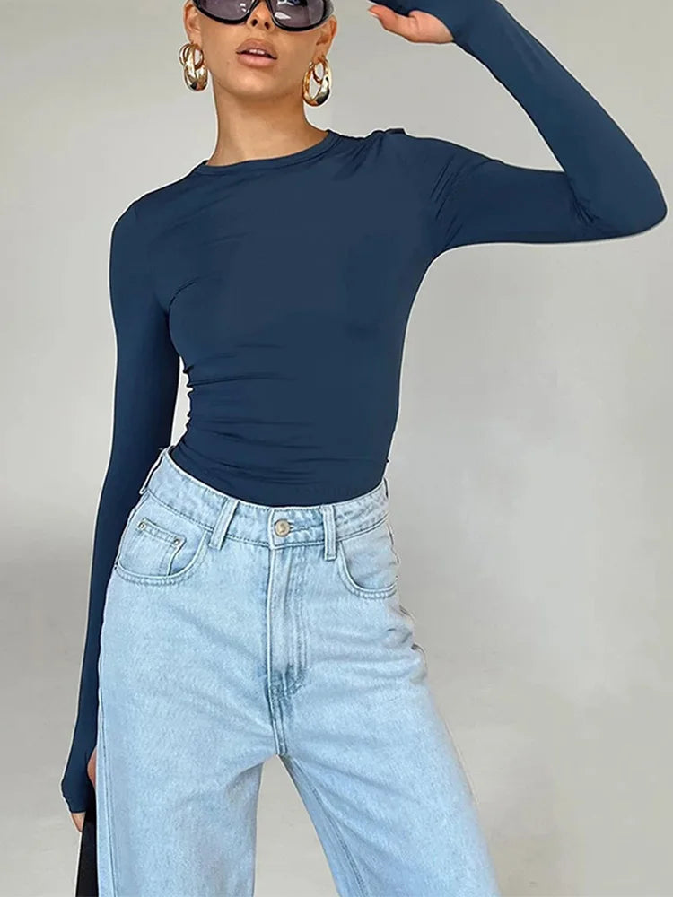 Crop Top met Lange Mouwen – Slim Fit Basic Dames T-shirt met Ronde Hals