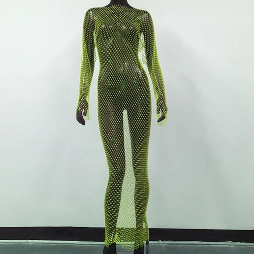 Shiny Rhinestones Grid Fishnet Dress Long Sleeve O-Neck Hollw Out Side