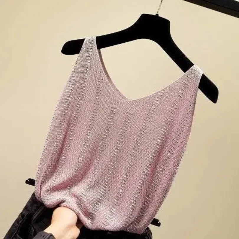Rhinestones Tank Top Elegant Sleeveless Shiny Loose Knit Camis Corset