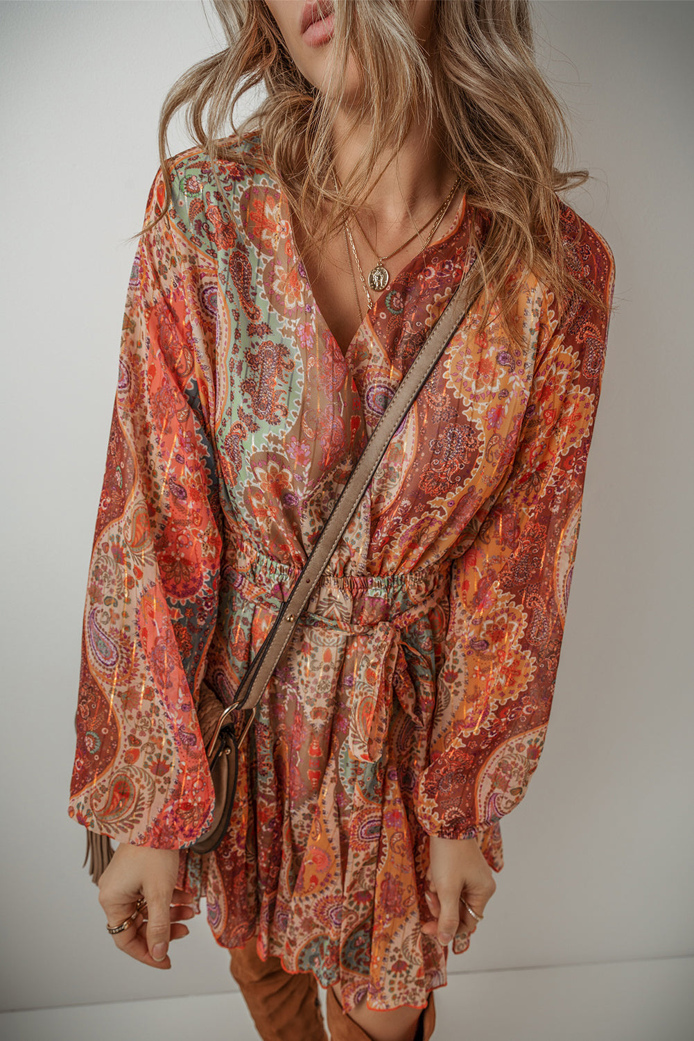 Oranje Boho Mini Jurk met Paisley Print met Lange Mouwen