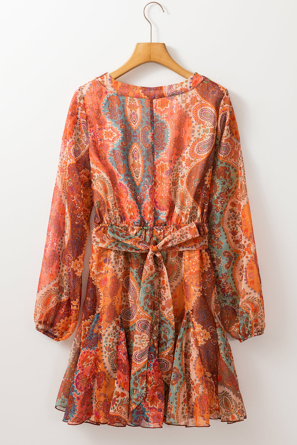 Oranje Boho Mini Jurk met Paisley Print met Lange Mouwen