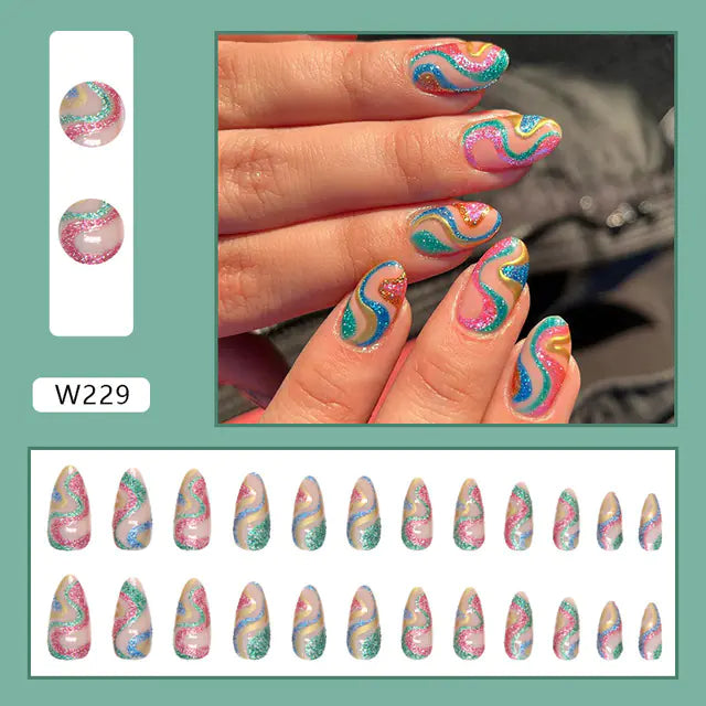 Shiny Serpentine Ripple Press-On Nails – 24pcs | Almond Shape