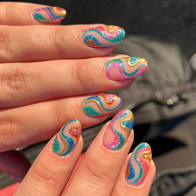 Shiny Serpentine Ripple Press-On Nails – 24pcs | Almond Shape