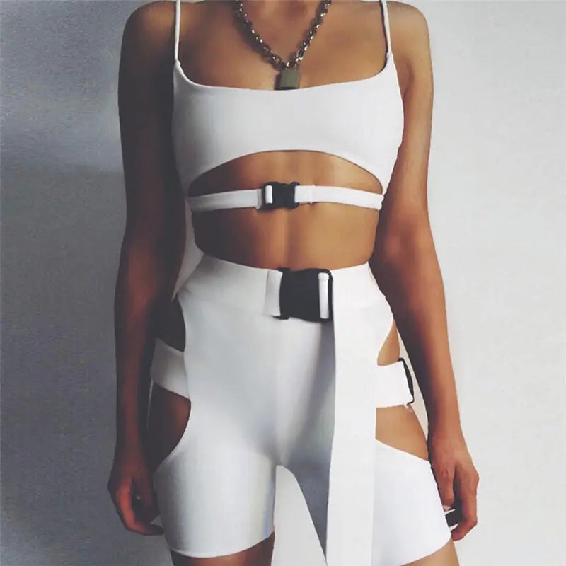 Neon Strapped Power Set - Crop Top en High Waist Shorts