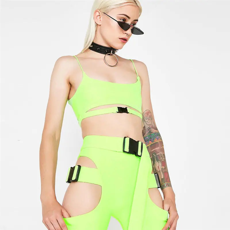 Neon Strapped Power Set - Crop Top en High Waist Shorts