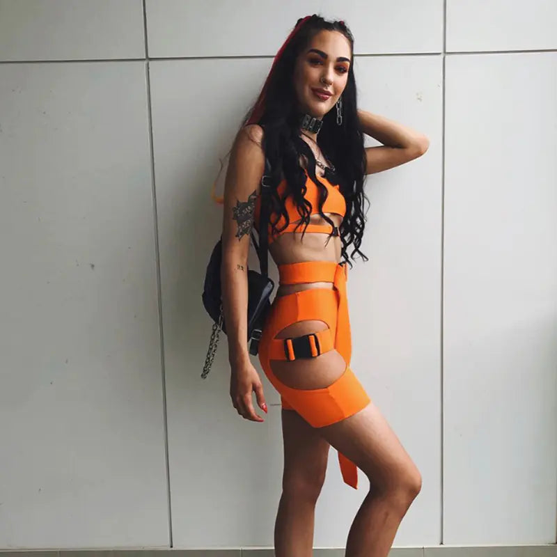 Neon Strapped Power Set - Crop Top en High Waist Shorts