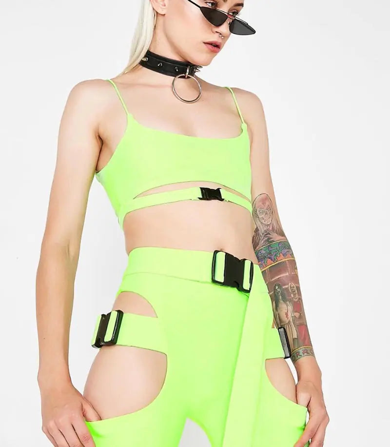 Neon Strapped Power Set - Crop Top en High Waist Shorts
