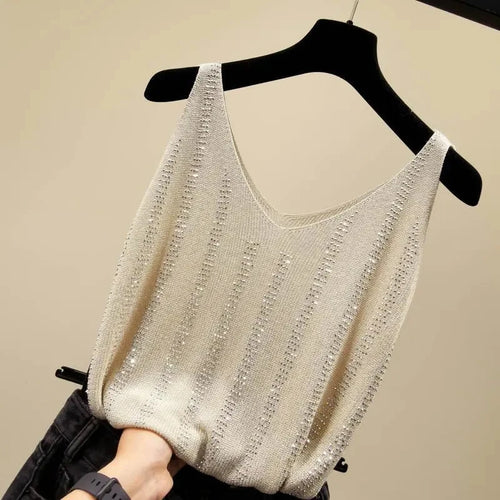 Rhinestones Tank Top Elegant Sleeveless Shiny Loose Knit Camis Corset