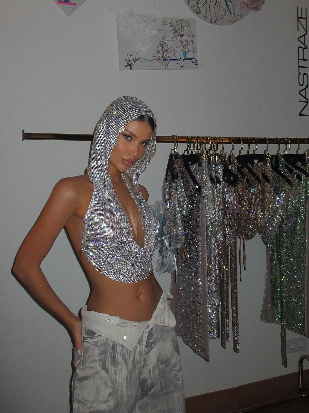 Women Sexy Mesh See Through T Shirt Shiny Rhinestone Fishnet Hollow