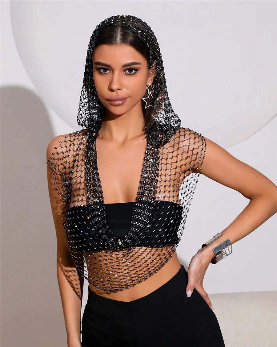 Zwarte Rhinestone Mesh Cape met Capuchon