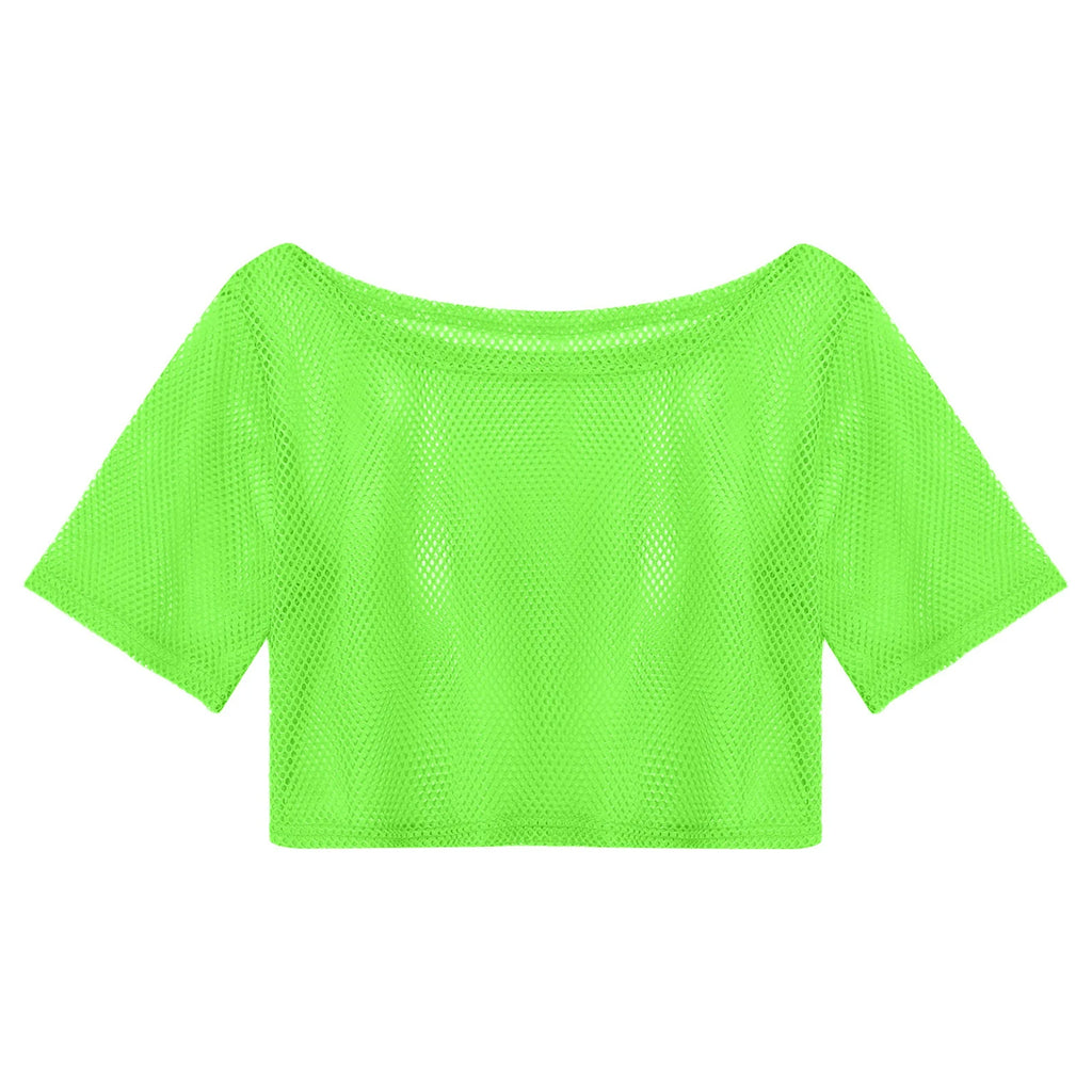 Women 80s Disco Neon Fishnet T-shirt Tops Short Sleeve Hollow Out Mesh