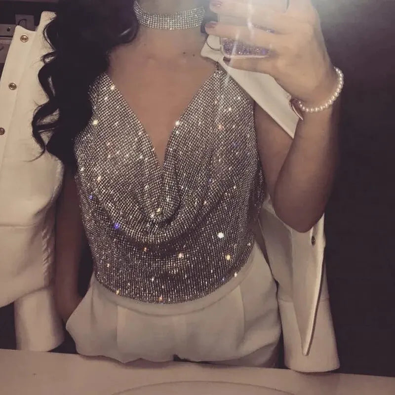 Zilveren Rhinestone Festival Crop Top Dames